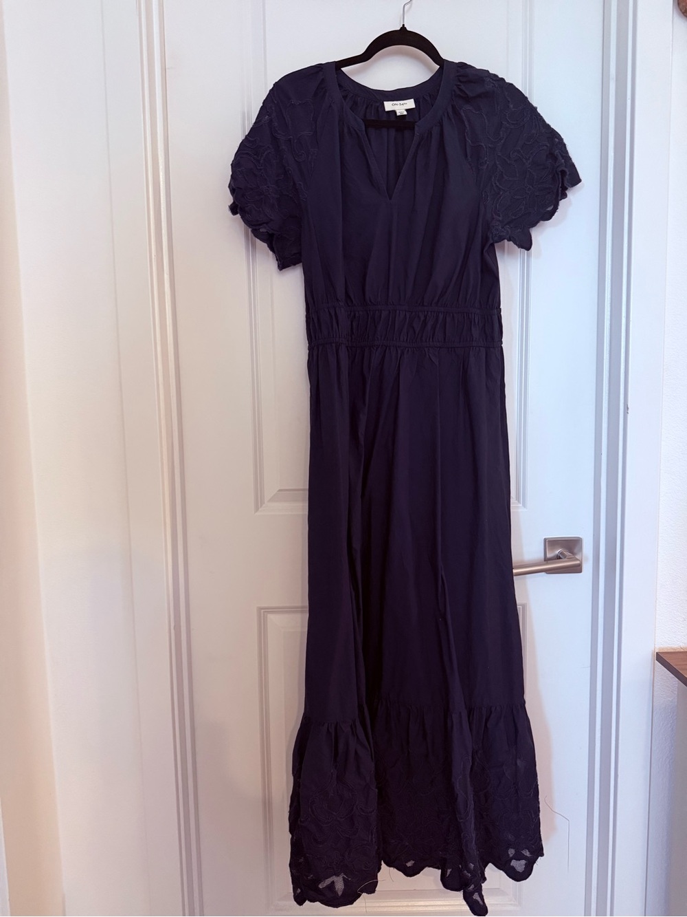 Women's Navy Maxi Dress with Smocked Waist and Lace Sleeves